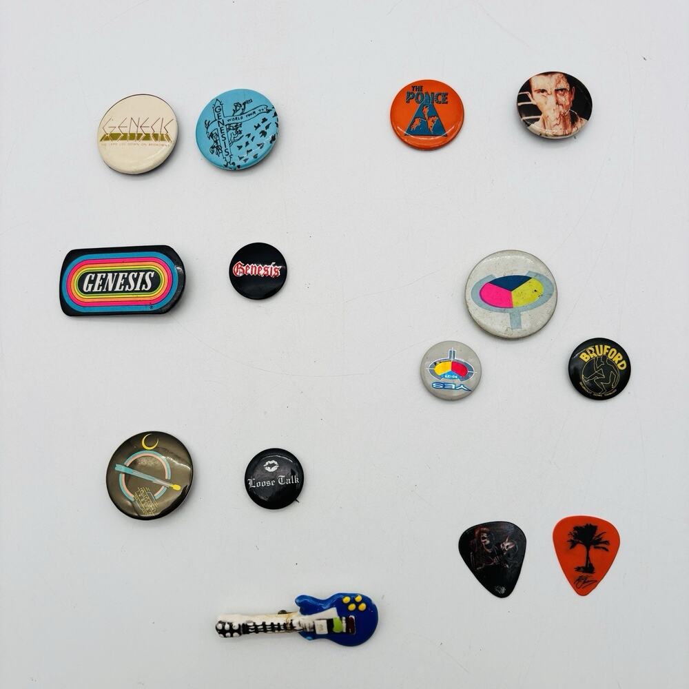 Vintage 70s to 90s Pin Back Buttons Lot 11 PCS Band Genesis Yes Police Bruford